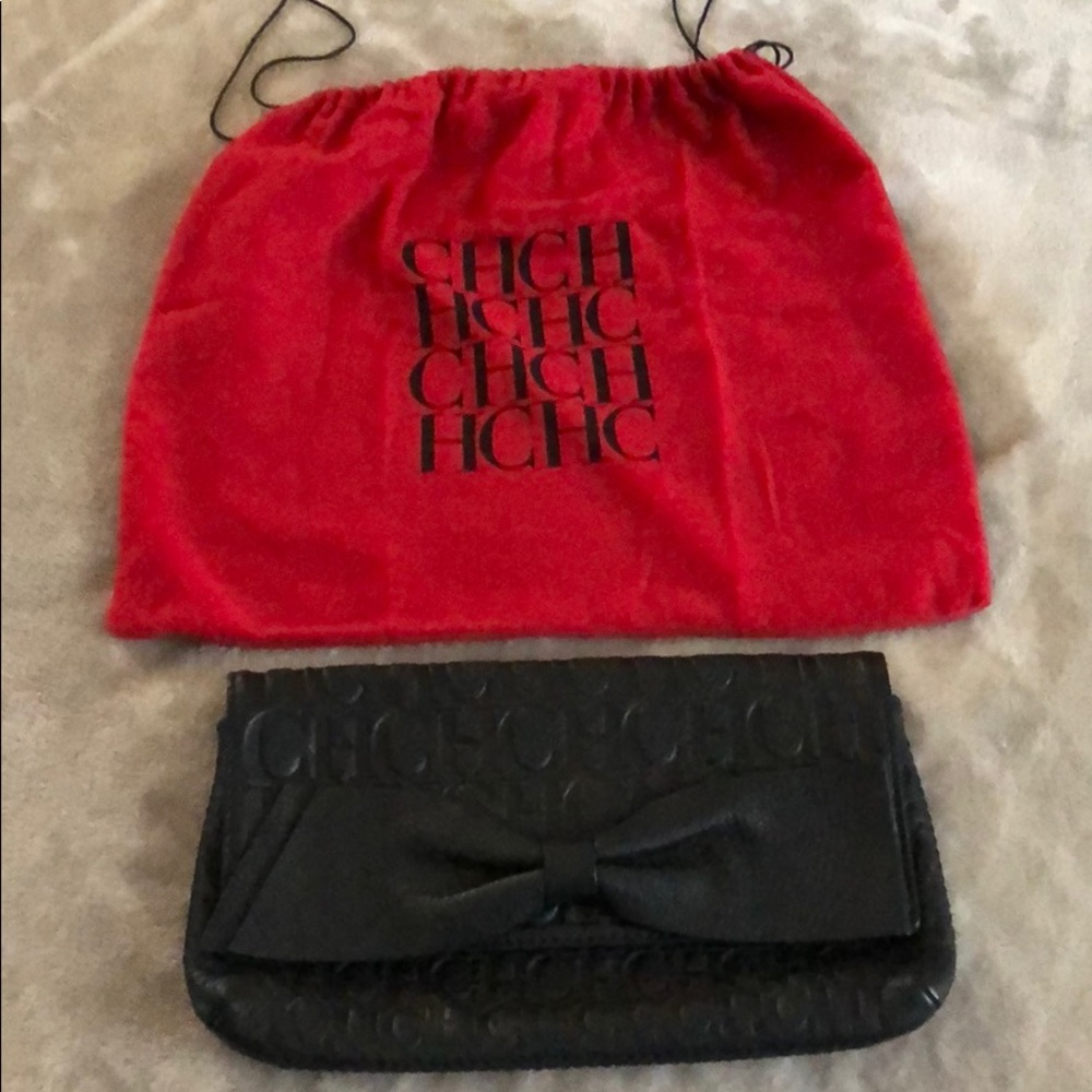 Carolina Herrera Black Embossed  Bow Clutch